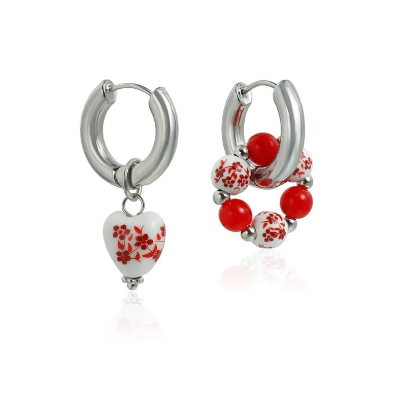 Coralie red floral heart hoop earrings