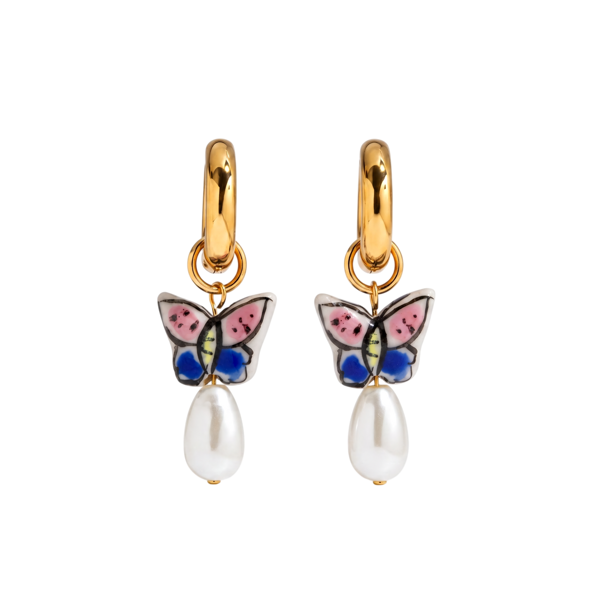 Amara gold butterfly pearl drop earrings