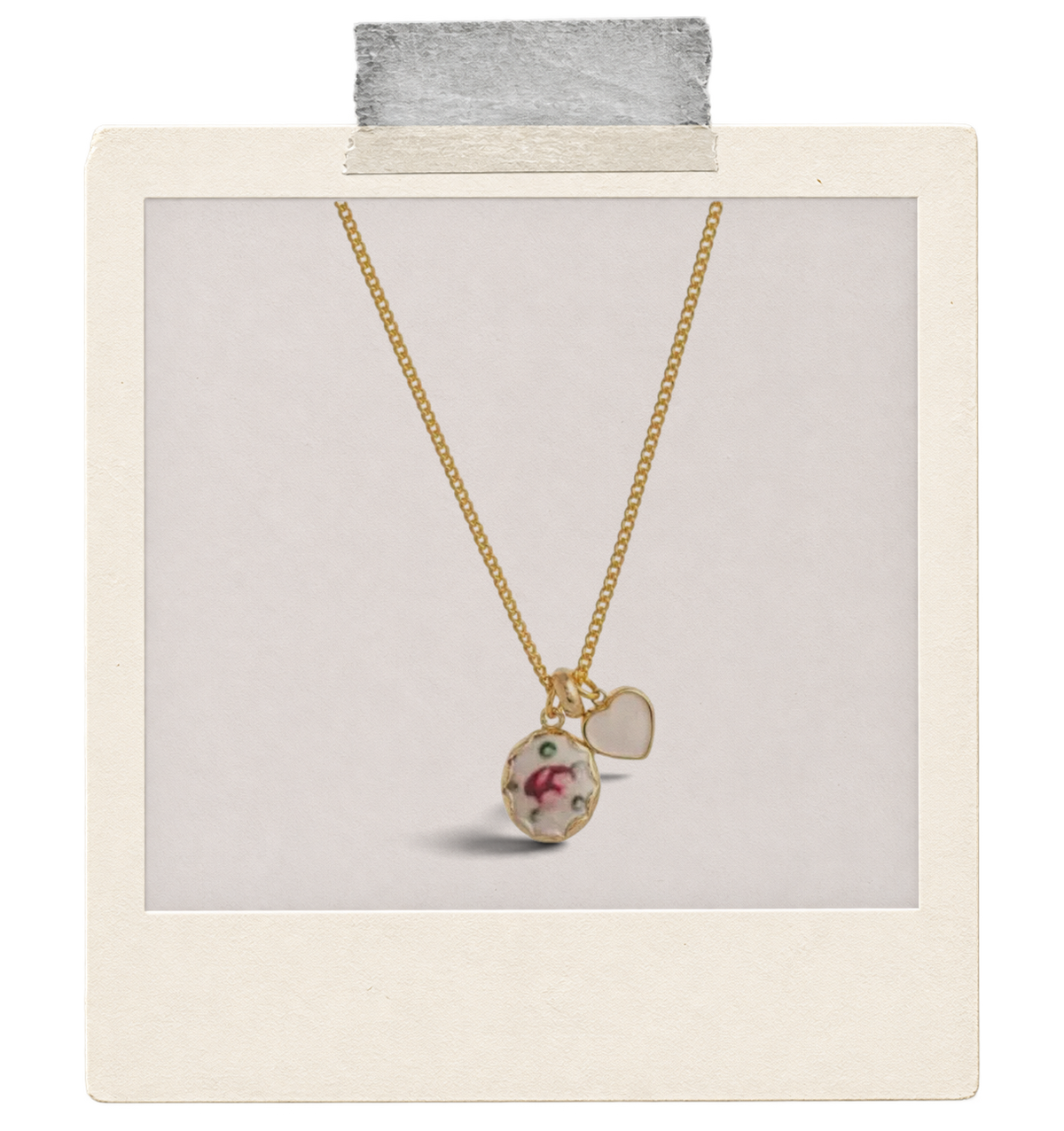 Bloom Letter Floral Disc and Open Heart Necklace — pale floral round pendant