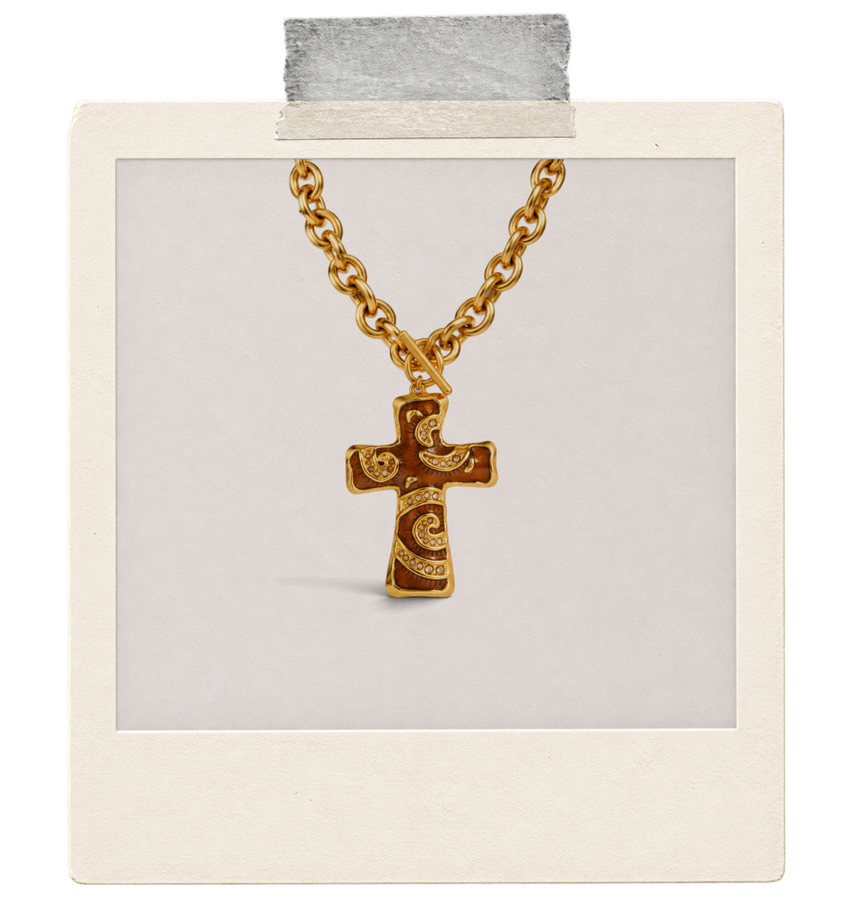 Chapel Rose Scroll Cross Pendant Necklace — Brown