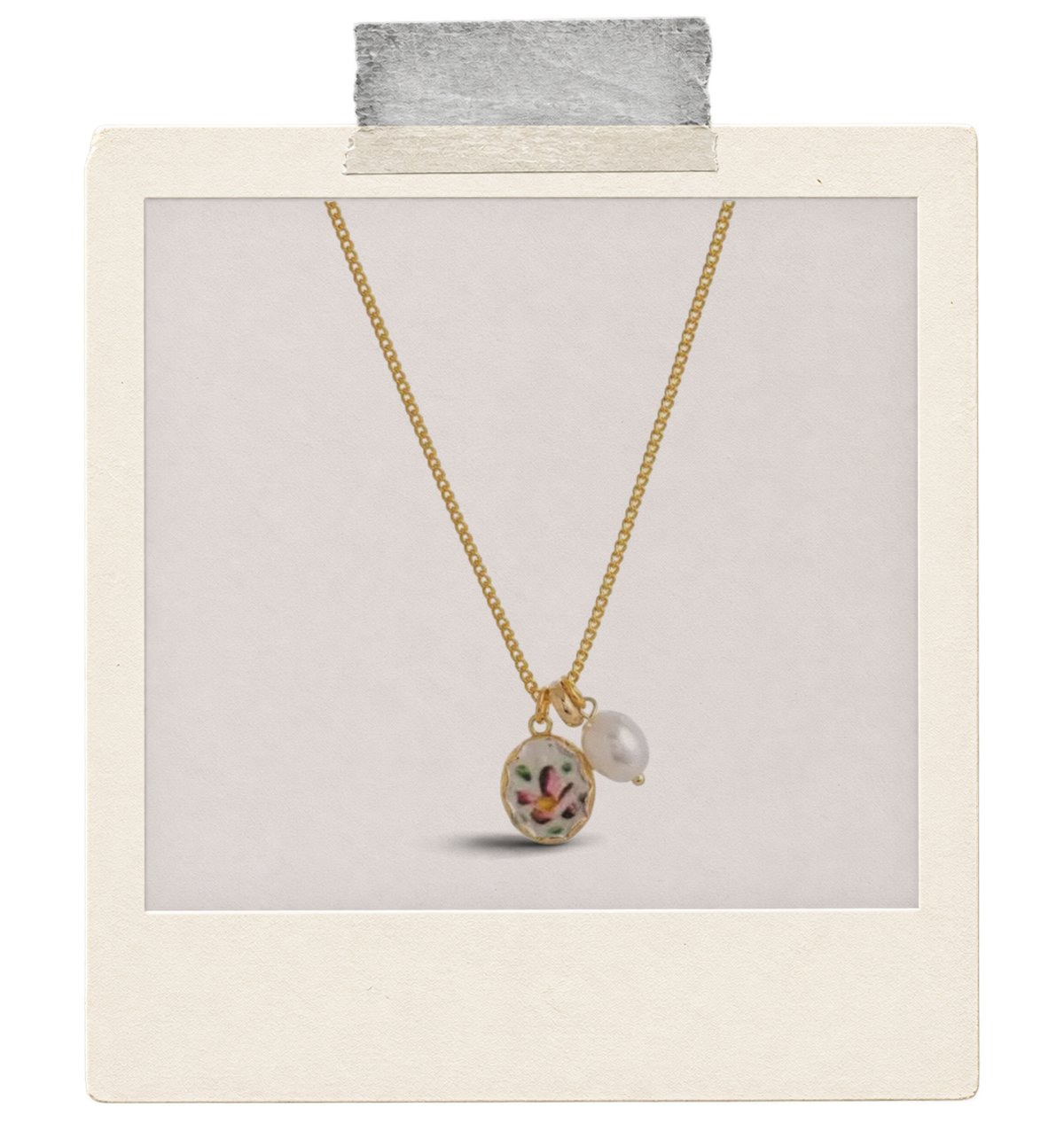 Petal Post Illustrated Disc and Heart Necklace — pale illustrated round pendant